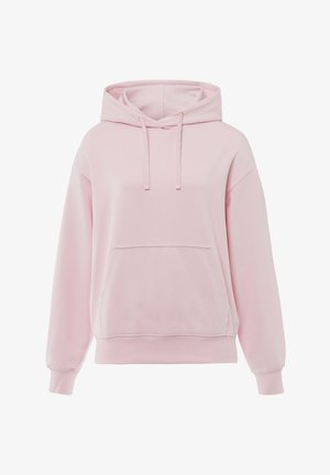 Sudadera con capucha rosa, hecha de tela suave, que cuenta con un bolsillo frontal, cordones ajustables, corte holgado y puños acanalados.