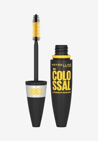 Il Mascara Colossal Longwear di Maybelline presenta un tubo nero con dettagli gialli e un testo audace, insieme a un applicatore spesso con setole multiple.
