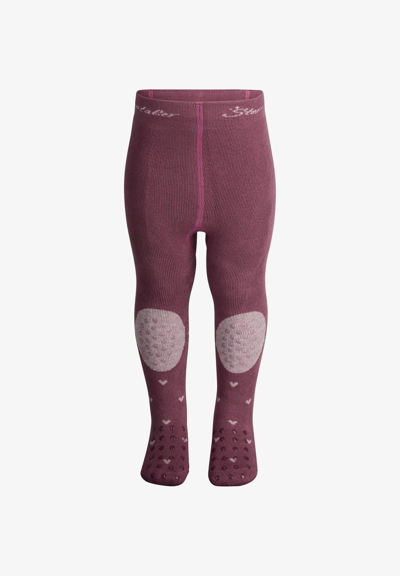 Bordeauxfarbene Strumpfhosen mit geripptem Textur, ausgestattet mit hellgrauen Knieschonern und rutschfesten Sohlenpunkten. Elastischer Bund für einen sicheren Sitz.