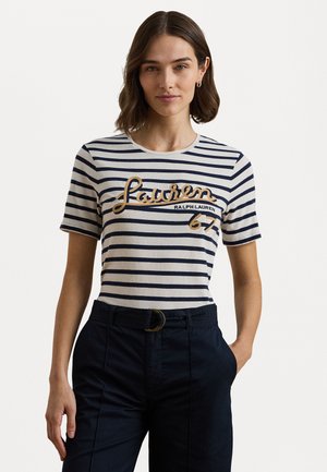 LOGO STRIPED COTTON BLEND JERSEY TEE - Print T-shirt - white/refined navy