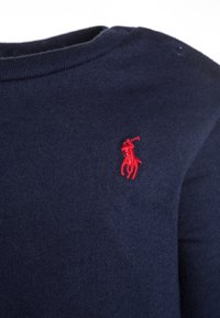 Marineblauwe gebreide trui met een ronde halslijn, voorzien van een klein rood geborduurd paardenlogo op de borst. Gladde textuur.