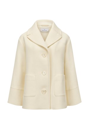 Cremefarbener Wollmantel mit breiten Revers, drei vorderen Knöpfen, zwei großen aufgesetzten Taschen und weit gesäumten Ärmeln.