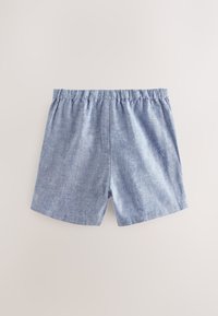 Svetlo modri kratki hlače iz tkanine z elastičnim pasom. Preprost dizajn, raven kroj in zaključeni robovi z gladko teksturo.
