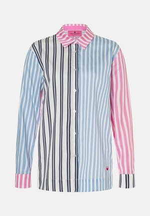 Langärmliges Hemd mit Knöpfen und vertikalen Streifen in Schwarz, Blau, Pink und Weiß, ausgestattet mit einem pink gestreiften Kragen und gemischten Manschetten.
