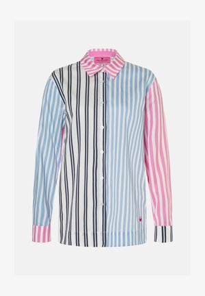 Langärmliges Hemd mit Knöpfen und vertikalen Streifen in Schwarz, Blau, Pink und Weiß, ausgestattet mit einem pink gestreiften Kragen und gemischten Manschetten.
