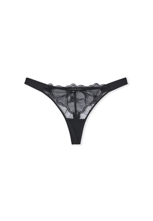 Zwarte kanten string met een bloemenpatroon van gaas aan de voorkant, een zachte, effen zwarte tailleband en dunne zijbandjes.