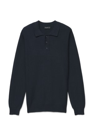 Maglione polo nero a manica lunga in maglia con tre bottoni e polsini e orlo a coste, disteso su sfondo bianco.
