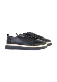 Black leather sneakers feature a smooth texture, rounded shape, and contrasting white midsole. Includes traditional laces and a side zip.
