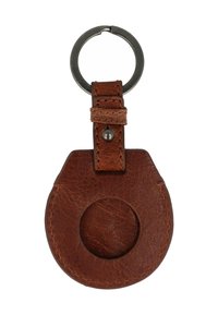 Porte-clés en cuir marron avec une découpe ronde et un anneau métallique, présentant une surface texturée et des bords cousus.