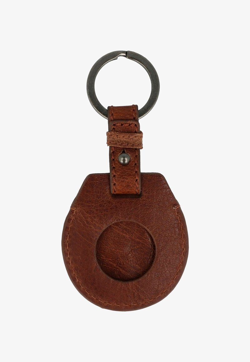 Brown leather keychain holder with a circular cutout and a metal ring, featuring a textured surface and stitched edges.