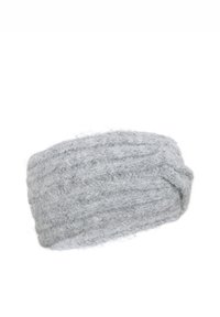 Gestricktes graues Stirnband mit einer dicken, flauschigen Textur und einer gedrehten Gestaltung. Verfügt über ein geripptes Muster für zusätzliche Wärme und Stil.