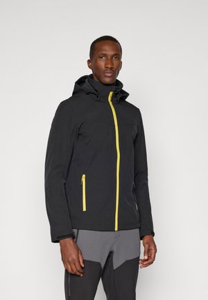 Black jacket with a yellow zipper and hood, featuring two side pockets. Made of a smooth material with a fitted design and elastic cuffs.