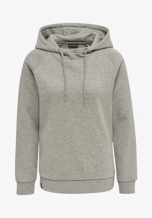 Helle graue Kapuzenjacke aus weichem Stoff, mit einer vorderen Tasche, Kordelzugkapuze und gerippten Bündchen. Einfaches, sportliches Design.