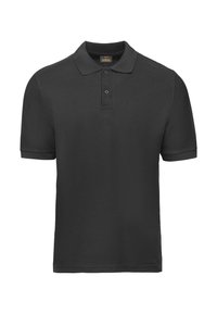Schwarzes Poloshirt aus glattem Baumwollstoff. Mit klassischem Kragen, dreiknöpfiger Knopfleiste und kurzen Ärmeln mit gerippten Bündchen.