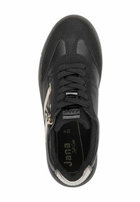 Black sneaker with textured leather and smooth accents. Features black laces, a gold zipper, and a soft inner lining.