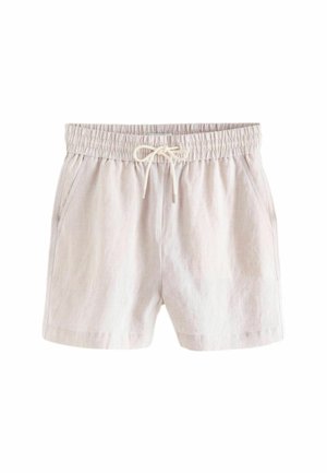 Short en lin beige clair avec ceinture élastique, cordon de serrage et poches latérales, présenté sur un fond blanc.