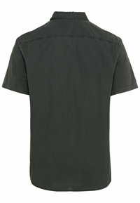 Camicia grigia scura a maniche corte con orlo dritto, colletto a bottoni e dettagli di cucitura discreti sul retro. Realizzata in un tessuto leggero.