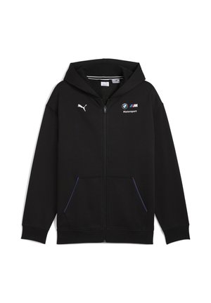 Black zip-up hoodie made of soft fabric. Features a hood, front pockets, and blue accents. Displays Puma and BMW Motorsport logos.