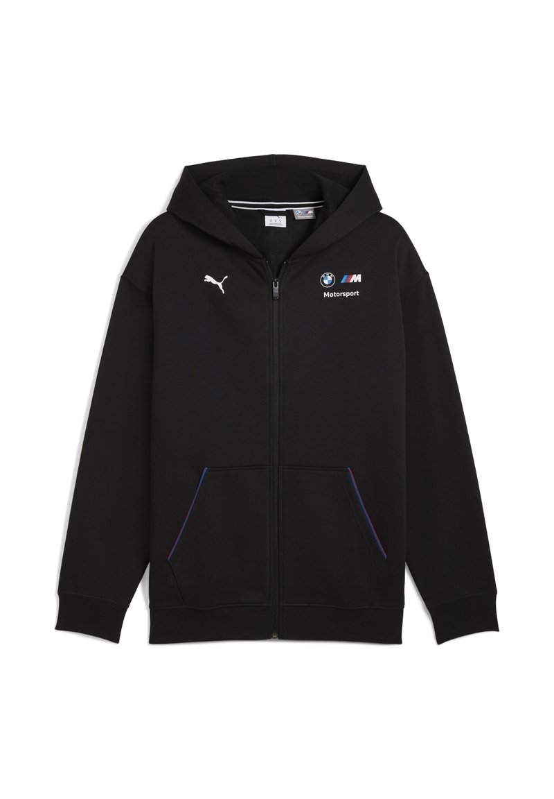 Sort zip-up hoodie lavet af blødt stof. Har hætte, forlommer og blå detaljer. Viser Puma- og BMW Motorsport-logoer.