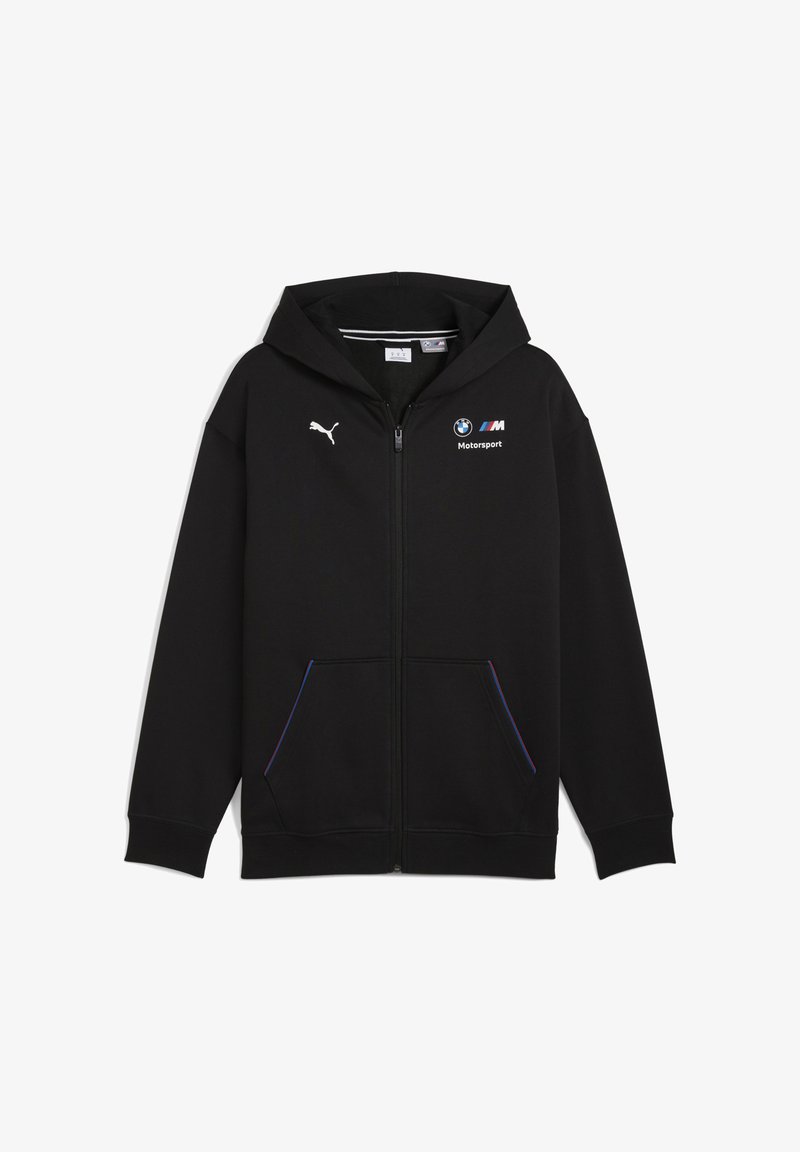 Sudadera con cremallera negra, hecha de una tela suave. Cuenta con una capucha, bolsillos frontales y acentos azules. Muestra los logotipos de Puma y BMW Motorsport.