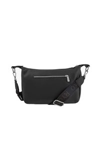 Borsa a tracolla in pelle nera con superficie texturizzata, tasca con zip argentata e tracolla regolabile con design del logo.