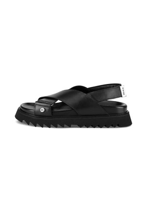 Black leather sandals with a cross-strap design, cushioned footbed, and a serrated rubber sole for traction. Features a brand tag on the heel.