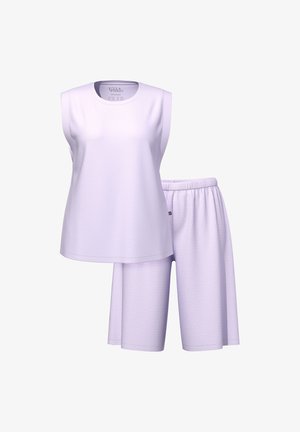 Komplet bezrękawnik z szortami w kolorze liliowym, wykonany z miękkiego materiału z delikatnym wzorem. Szorty mają elastyczny pas.