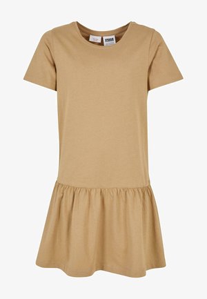 Krátke rukávy, béžové bavlnené šaty s okrúhlym výstrihom a rozšíreným volánovým lemom, s hladkou textúrou a nenápadným dizajnom.