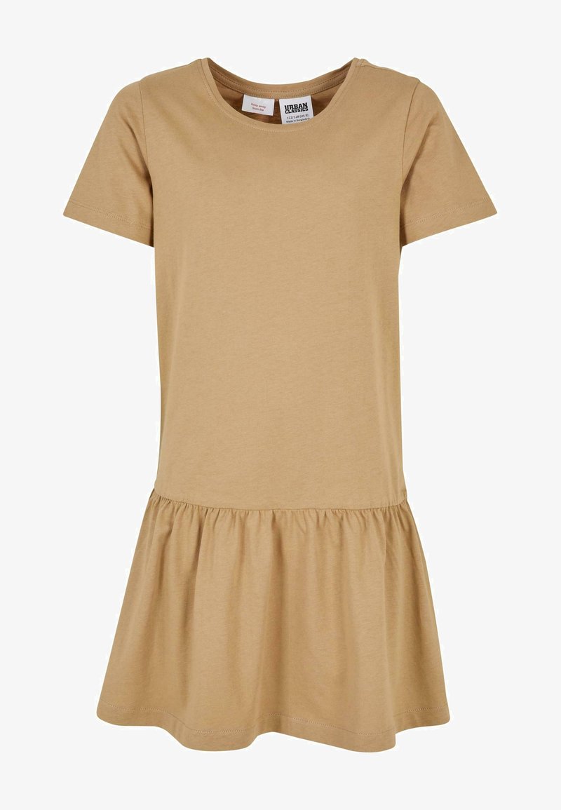 Beżowa sukienka z krótkim rękawem, z okrągłym dekoltem i rozkloszowanym dołem z falbaną, charakteryzująca się gładką fakturą i stonowanym wzornictwem.