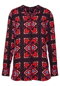 Chemise à manches longues avec un motif floral rouge et bleu sur fond marine, dotée d'un devant à boutons et d'un col.