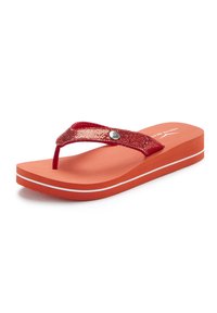 Red flip-flop with a textured strap, silver hardware detail, and orange platform featuring a white stripe along the edge.