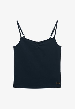 Haut caraco noir sans manches avec bretelles fines réglables et léger froncement au centre de l'encolure, petit logo texte doré sur l'ourlet inférieur.