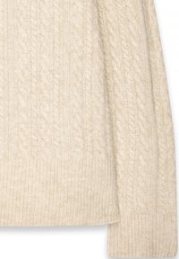 Maglione a trecce in beige chiaro, caratterizzato da un motivo testurizzato e polsini a coste. Materiale morbido e caldo con un design classico.