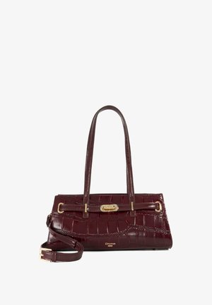 Burgundy faux crocodile leather handbag with two handles, a detachable strap, and gold-tone hardware. Features a front flap detail.