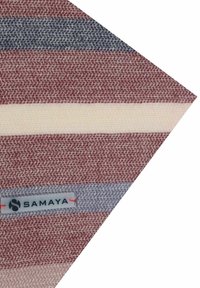 Textile with horizontal stripes in red, cream, and blue. Features a smooth texture and a fabric tag with the brand "SAMAYA," accented with red stitching.