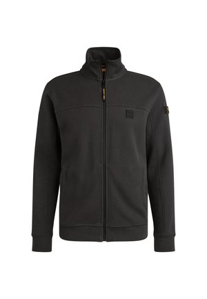 Veste zippée noire avec un col montant, texture matelassée sur le panneau supérieur, poignets et ourlet côtelés, avec un petit logo sur la poitrine.
