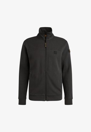 Mustat vetoketjullinen takki, jossa on korkea kaulus, tikattu pinta ylälahkeessa, raidoitettu hihansuu ja helma, sisältäen pienen logon rinnassa.