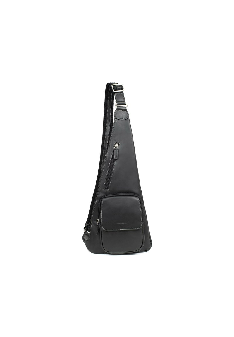 Borsa a tracolla nera in pelle con forma triangolare, dotata di un vano principale con zip e una tasca frontale. Texture liscia con dettagli in metallo argentato.