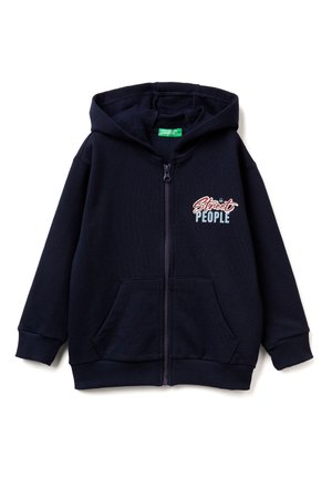 Hoodie zippé bleu marine en tissu doux, doté d'une capuche, de poches kangourou, de poignets côtelés et d'un imprimé graphique avec la mention "Street People".