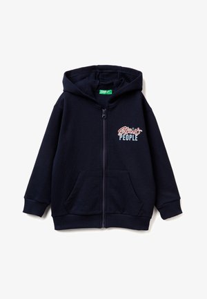 Hoodie zippé bleu marine en tissu doux, doté d'une capuche, de poches kangourou, de poignets côtelés et d'un imprimé graphique avec la mention "Street People".