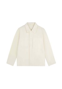 Jachetă din bumbac moale, de culoare off-white, cu mâneci lungi, guler ascuțit și buzunar pe piept, având detalii de cusătură subtile.