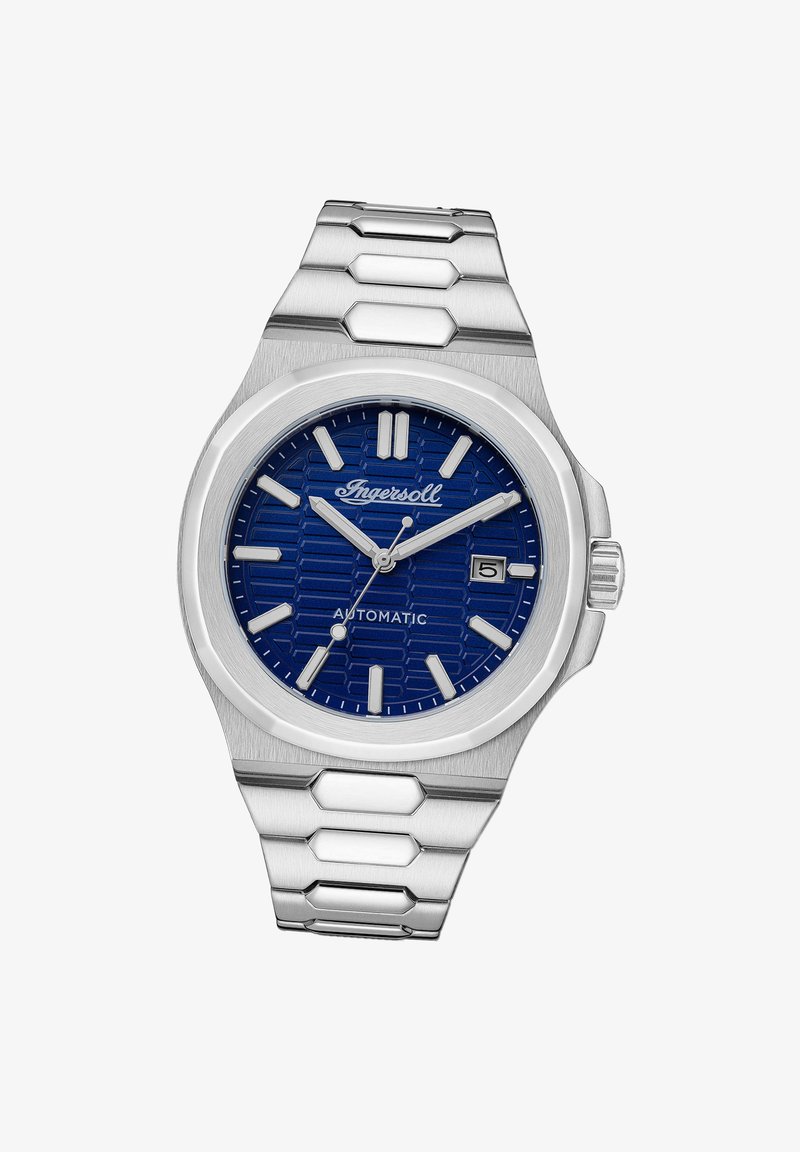 Roestvrijstalen horloge met een hexagonale schakelarmband, blauwe gestructureerde wijzerplaat, zilveren uurmarkeringen en een datumweergave op 3 uur.