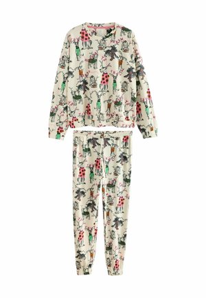 Pajama set s dugim rukavima od krem tkanine, s raznobirnim ilustracijama životinja i razigranim tekstualnim dizajnom. Elastična gumica na hlačama.