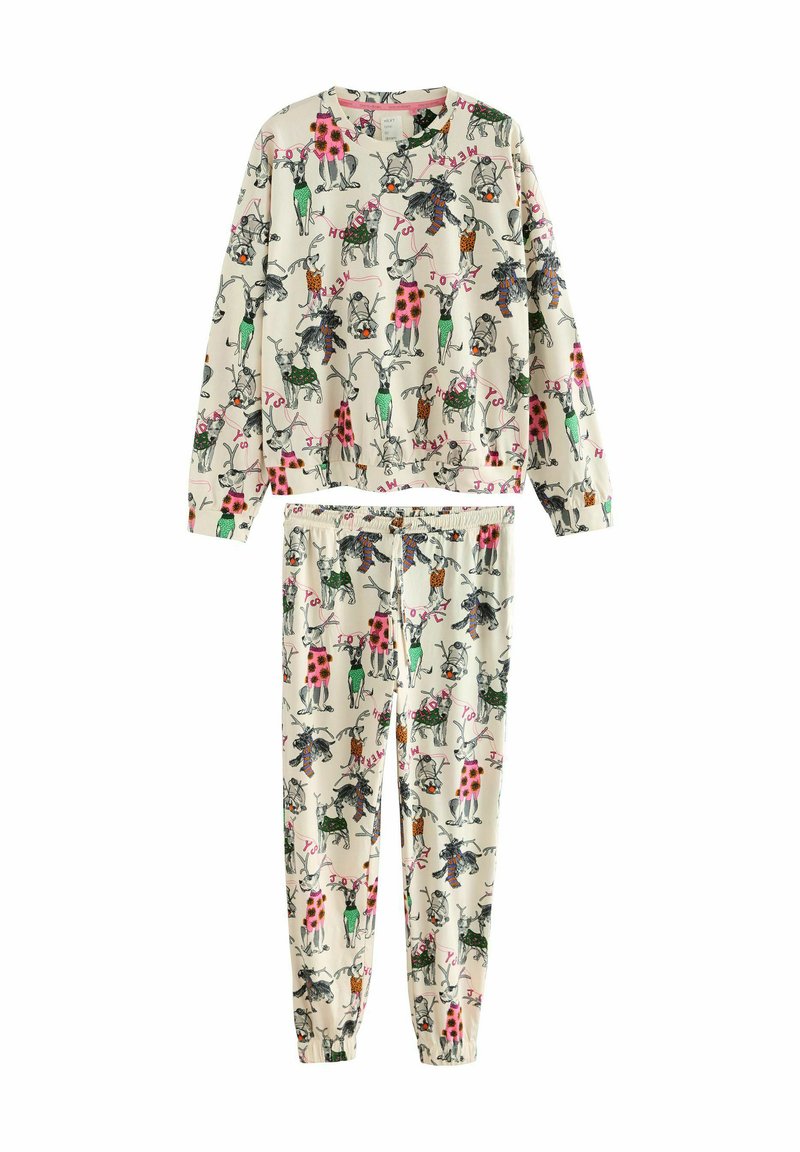 Sæt med langærmede pyjamas i kremfarvet stof, med farverige dyreillustrationer og legende tekstdesigns. Elastisk talje på bukserne.