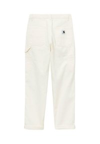 Pantalones cargo blancos de algodón con pierna recta, puños enrollados, dos bolsillos laterales, dos bolsillos traseros y una pequeña etiqueta con logo en el bolsillo trasero derecho.