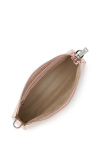 Pochette rosa chiaro con cerniera e superficie liscia; presenta una cerniera argentata e una tasca interna, con una fodera beige.