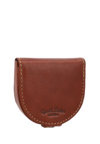Braune Leder-Münztasche mit runder Form, sichtbaren Nähten und eingeprägtem Logo-Detail. Sanfte Textur und kompaktes Design.