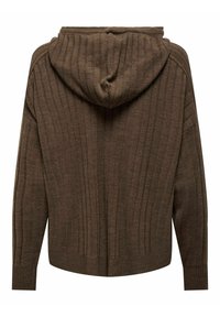 Brun ribbad stickad huva med långa ärmar, synliga sömdetaljer och en åtsittande mudd, sedd bakifrån mot en vit bakgrund.