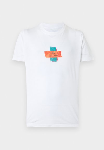 Άσπρο κοντομάνικο μπλουζάκι με ένα μικρό πορτοκαλί και τιρκουάζ γραφικό στο κέντρο που φέρει το κείμενο "PS Paul Smith."