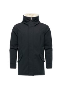Schwarze Außenjacke mit hohem Kragen, Reißverschluss und zwei Fronttaschen. Verfügt über einen weichen, fleecegefütterten Kragen.